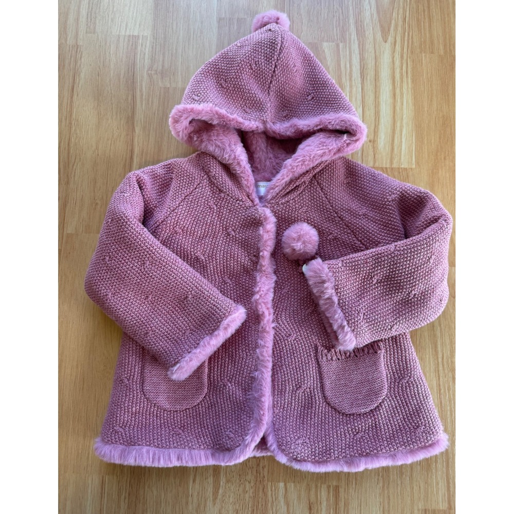 Mayoral Baby Girl Pink Knit Hooded Coat 12M Faux Fur Lined Pom Pom Jacket